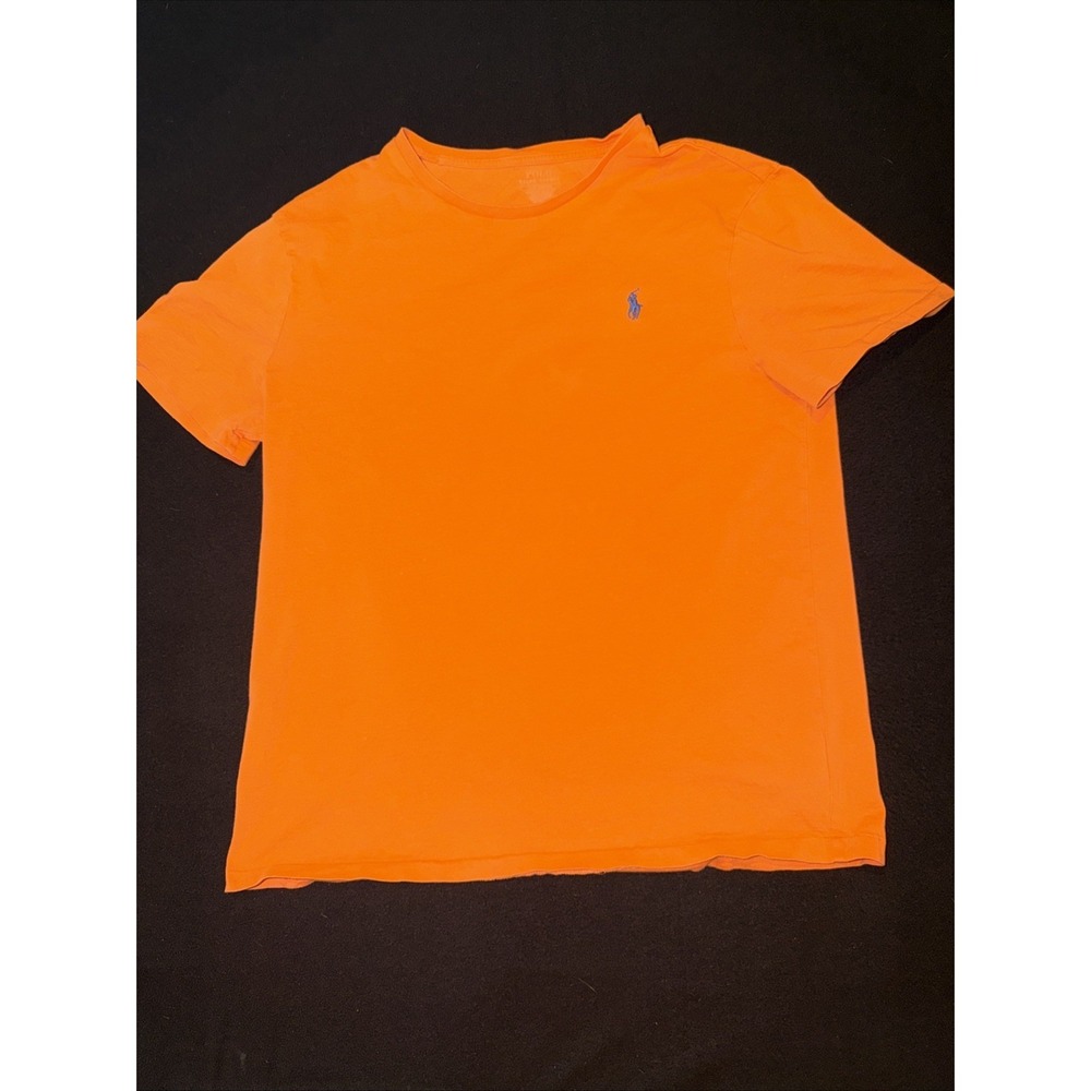 Polo Ralph Lauren Orange Crew Neck Tee Shirt Blue Pony Custom Fit Size Large